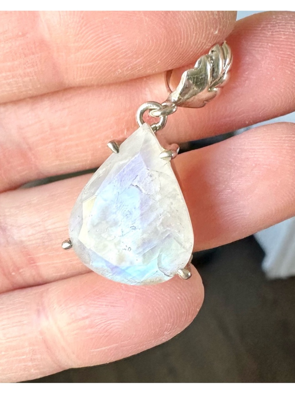 Natural Rainbow Moonstone sterling silver pendant, faceted pear-shaped stone